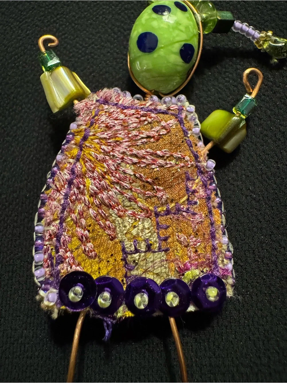 OOAK Artisan Mixed Media Doll Brooch Copper Wire Embroidered Textile